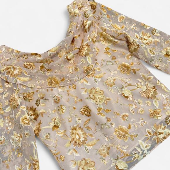 Vintage Y2K MSK Golden Yellow Metallic Floral Draped 3/4 Sleeve Fairycore Top - Picture 7 of 8